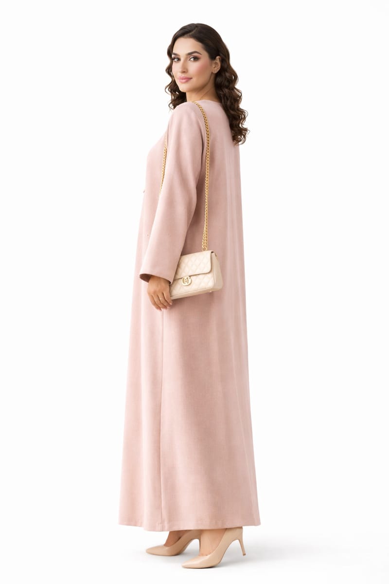Premium Bella Linen Blend Abaya I Elegant Front Button Design I Pink Color Msquare Fashion - Women's Abayas 1