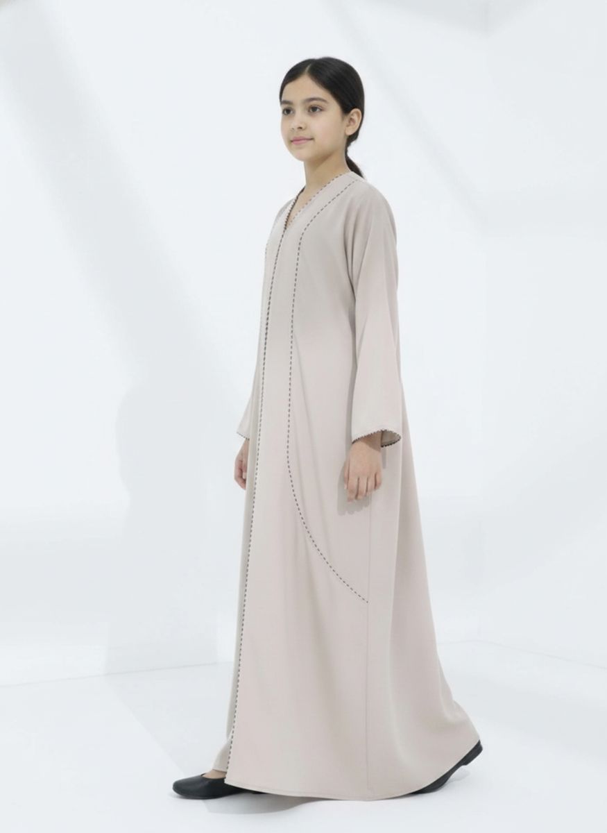 Melange Fabric Beige Kids Abaya with Lace On Front & Cuffs Msquare Fashion - Kids's Abayas 1