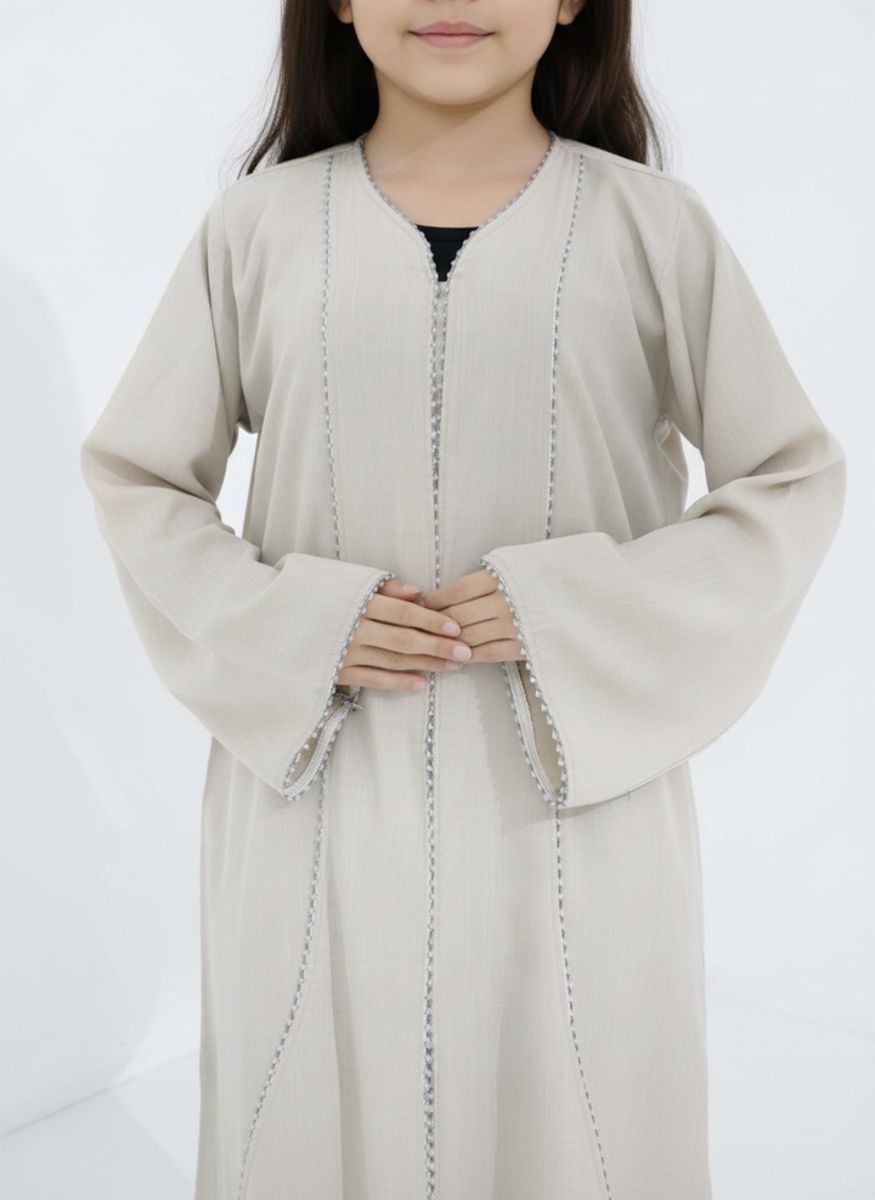 Melange Fabric Beige Kids Abaya with Lace On Front & Cuffs Msquare Fashion - Kids's Abayas 2