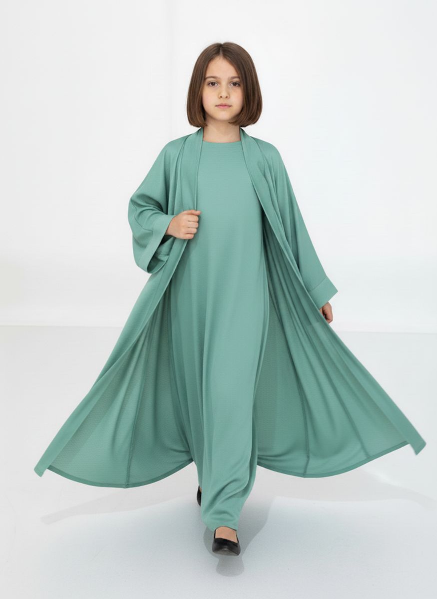 Green Premium 3-Piece Kids Abaya Set - Lightweight Harir Maqsood Modest Wear for Girls Msquare Fashion - Kids's Abayas 1