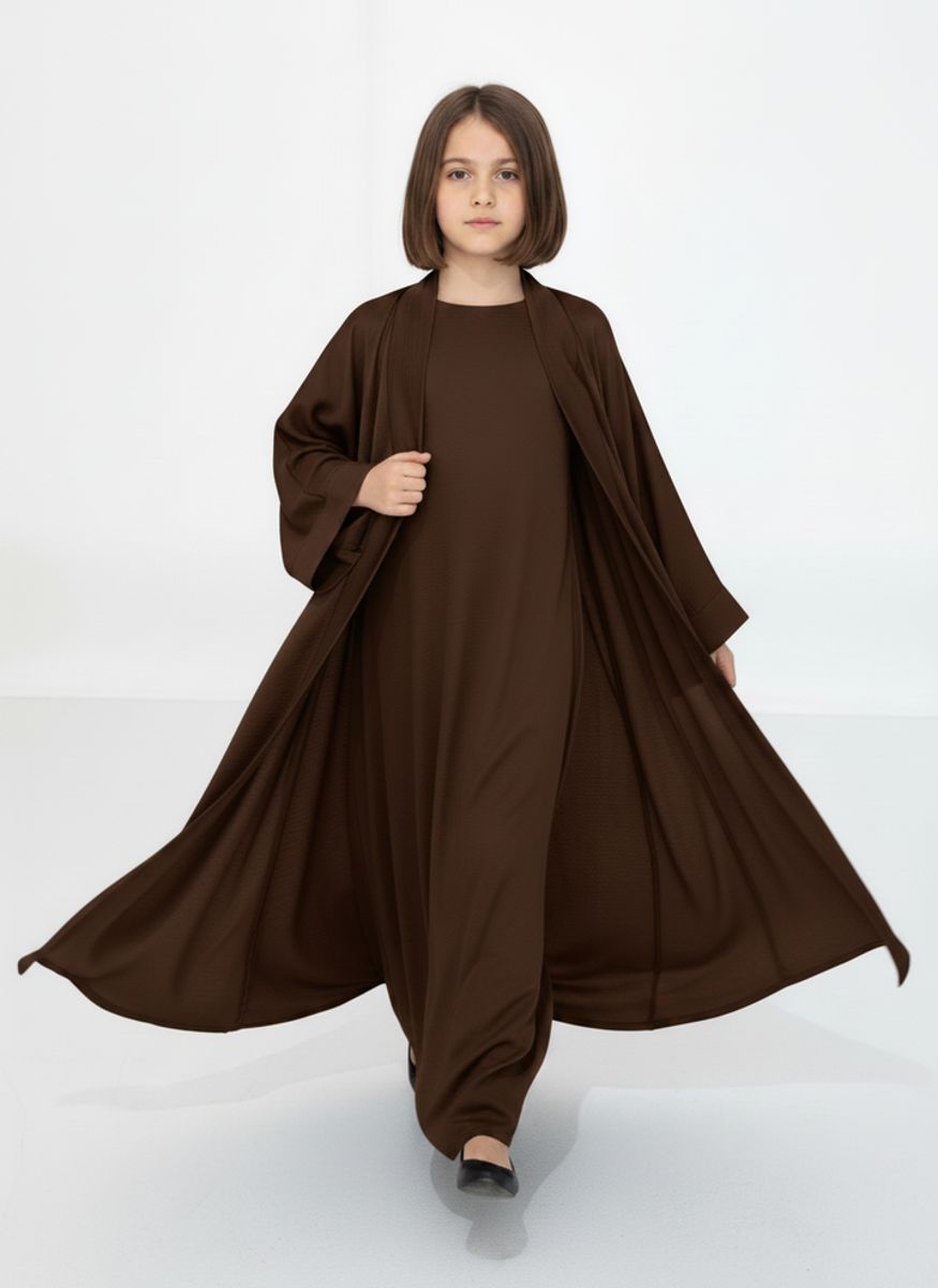 Brown Premium 3-Piece Kids Abaya Set - Lightweight Harir Maqsood Modest Wear for Girls Msquare Fashion - Kids's Abayas 2