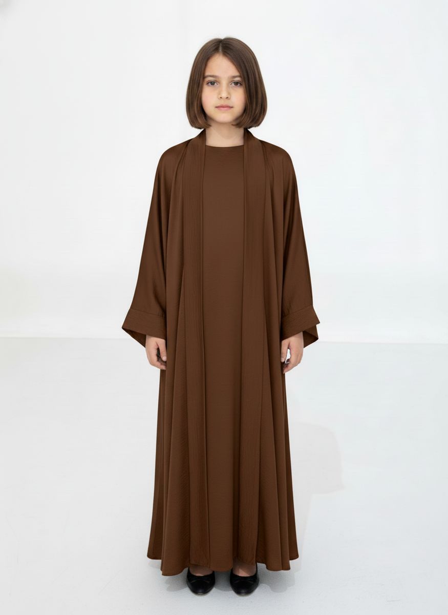 Brown Premium 3-Piece Kids Abaya Set - Lightweight Harir Maqsood Modest Wear for Girls Msquare Fashion - Kids's Abayas 10