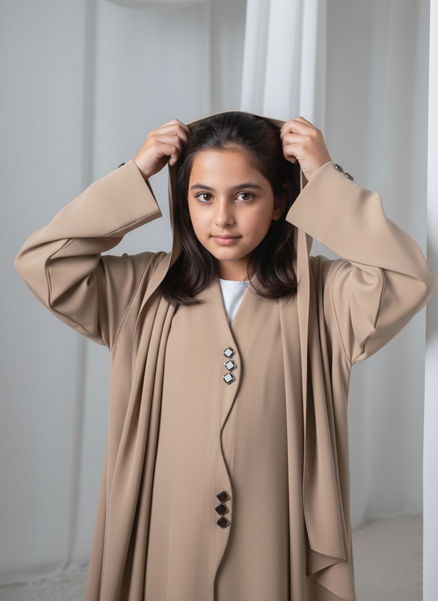 Kids Abaya With Sheila I Elegant Beige Barbie Crepe Modest Wear for Girls Msquare Fashion - Kids's Abayas 1