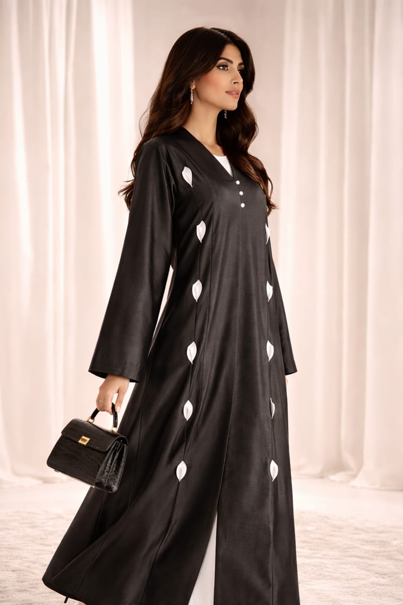 Victoria Satin Petal Detail Abaya I Classic Black Msquare Fashion - Women's Abayas 1