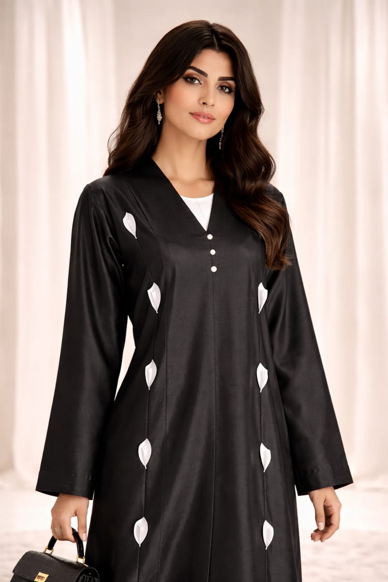Victoria Satin Petal Detail Abaya I Classic Black Msquare Fashion - Women's Abayas 2