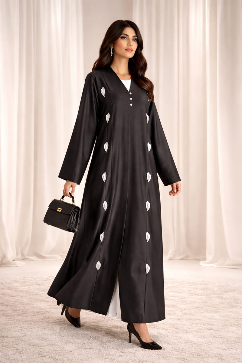 Victoria Satin Petal Detail Abaya I Classic Black Msquare Fashion - Women's Abayas 9