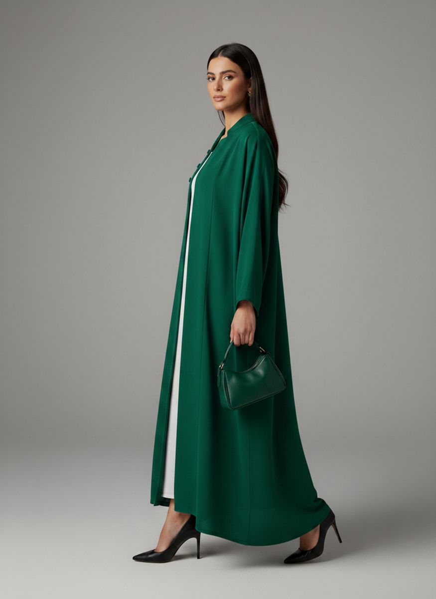 Signature Korean Nida Forest Green Open Abaya Minimalist High-Neck Design Msquare Fashion - Women's Abayas 1