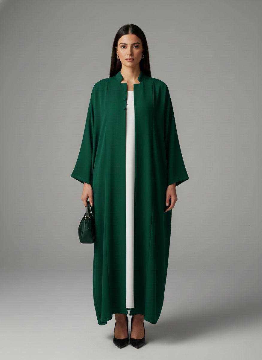 Signature Korean Nida Forest Green Open Abaya Minimalist High-Neck Design Msquare Fashion - Women's Abayas 8