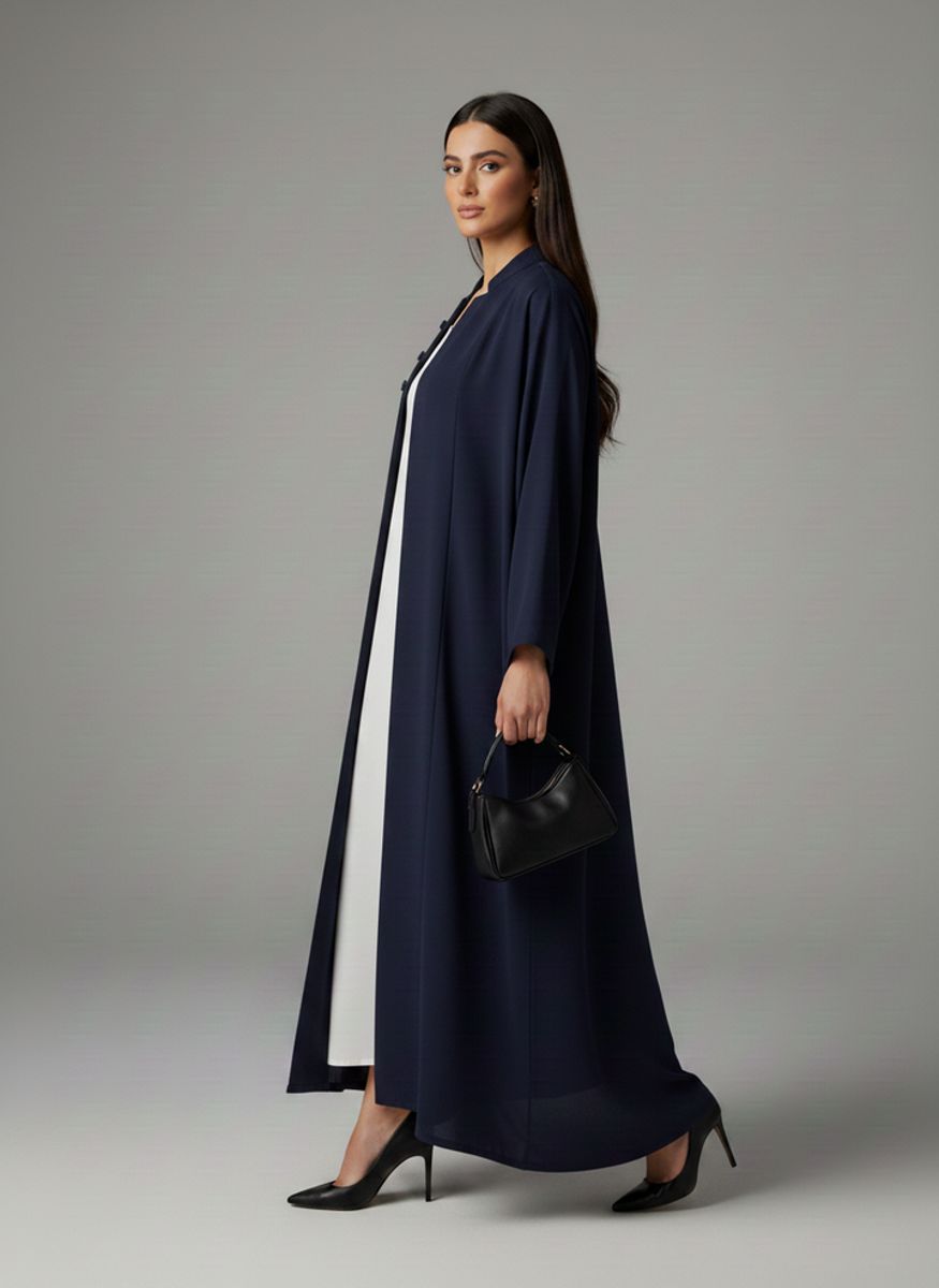 Signature Korean Nida Blue Open Abaya Minimalist High-Neck Design Msquare Fashion - Women's Abayas 1