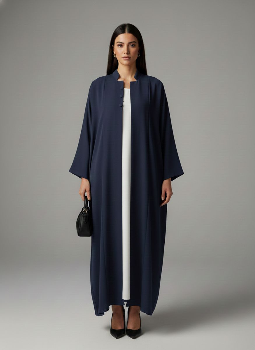 Signature Korean Nida Blue Open Abaya Minimalist High-Neck Design Msquare Fashion - Women's Abayas 8