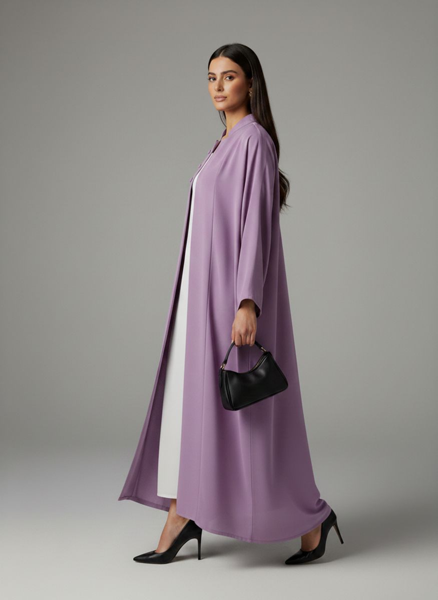 Signature Korean Nida Purple Open Abaya Minimalist High-Neck Design Msquare Fashion - Women's Abayas 1