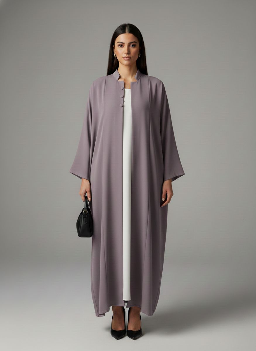 Signature Korean Nida Purple Open Abaya Minimalist High-Neck Design Msquare Fashion - Women's Abayas 9