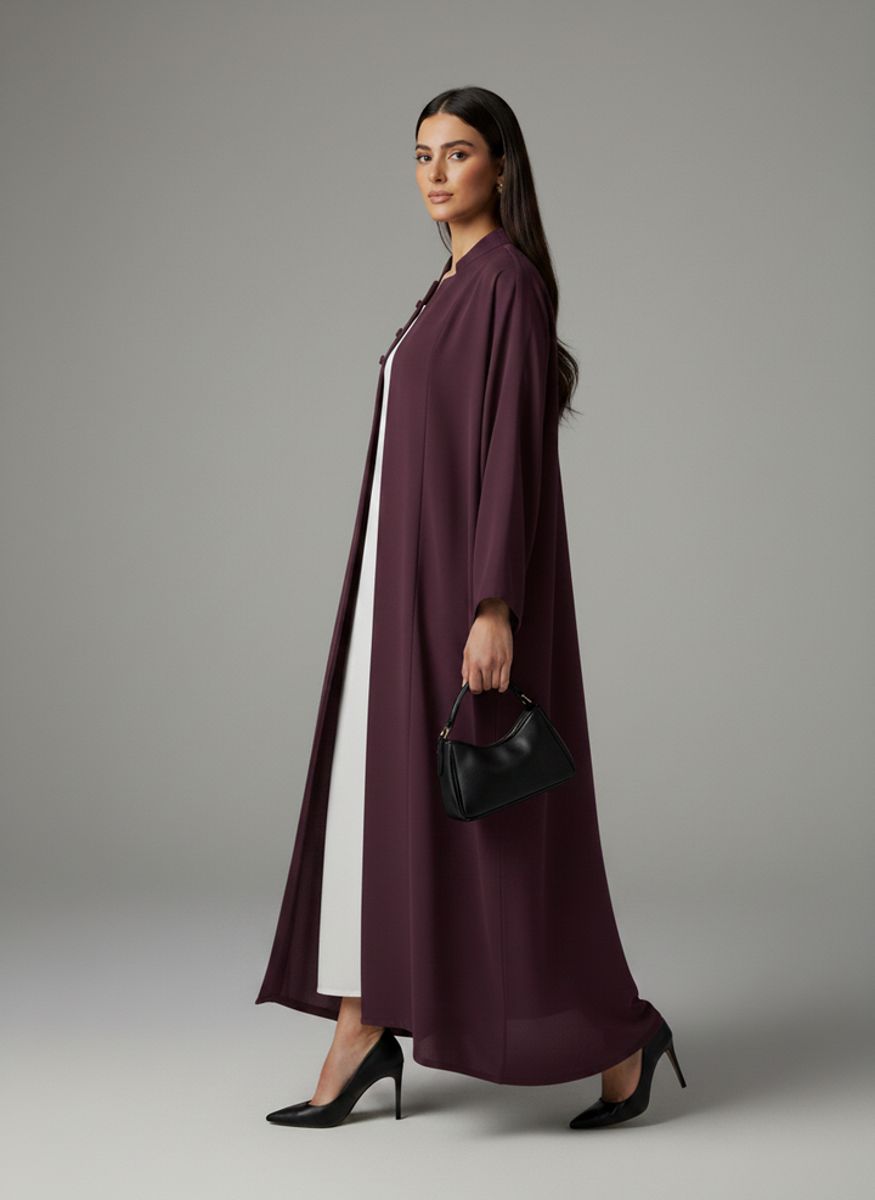Signature Korean Nida Deep Plum Open Abaya Minimalist High-Neck Design Msquare Fashion - Women's Abayas 1