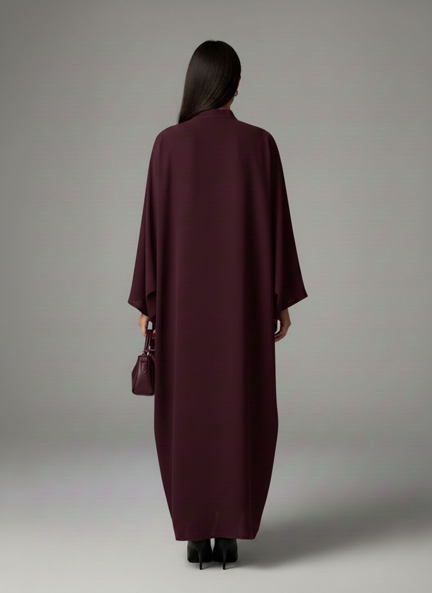 Signature Korean Nida Deep Plum Open Abaya Minimalist High-Neck Design Msquare Fashion - Women's Abayas 2
