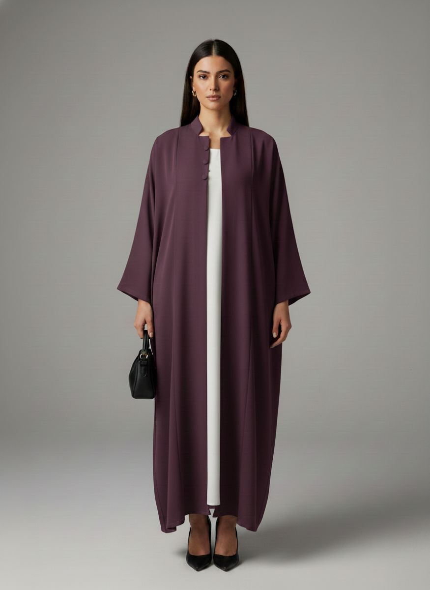 Signature Korean Nida Deep Plum Open Abaya Minimalist High-Neck Design Msquare Fashion - Women's Abayas 8