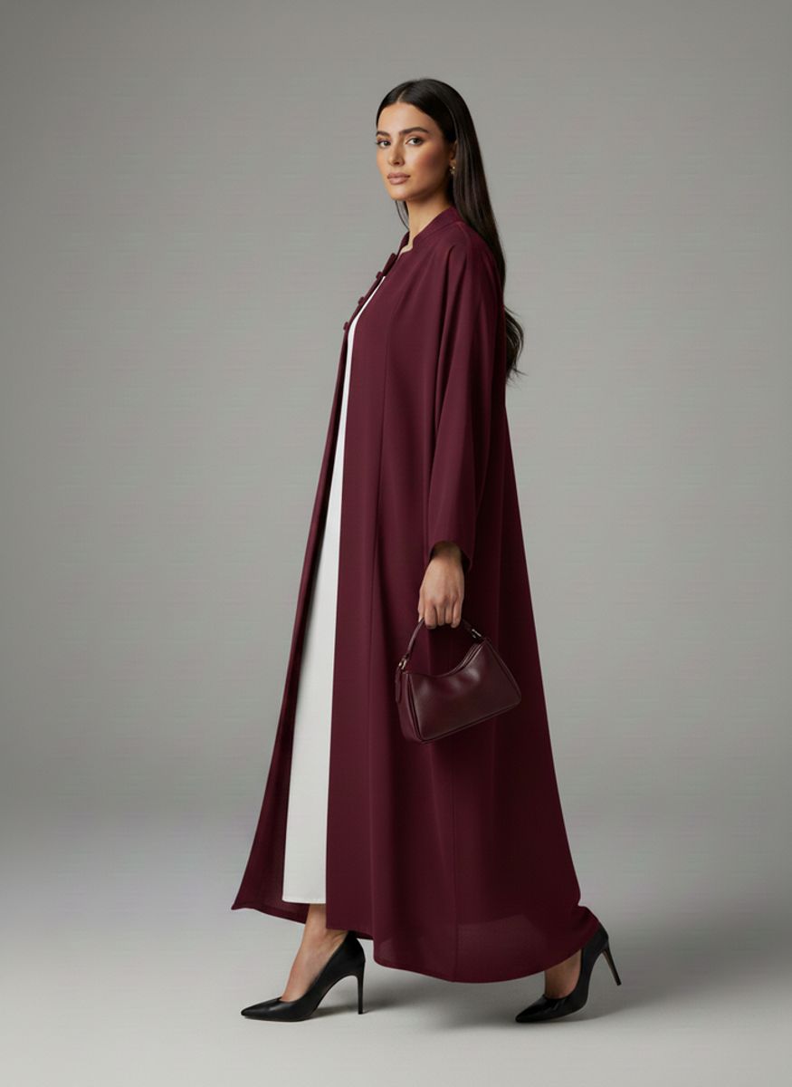 Signature Korean Nida Maroon Open Abaya Minimalist High-Neck Design Msquare Fashion - Women's Abayas 1