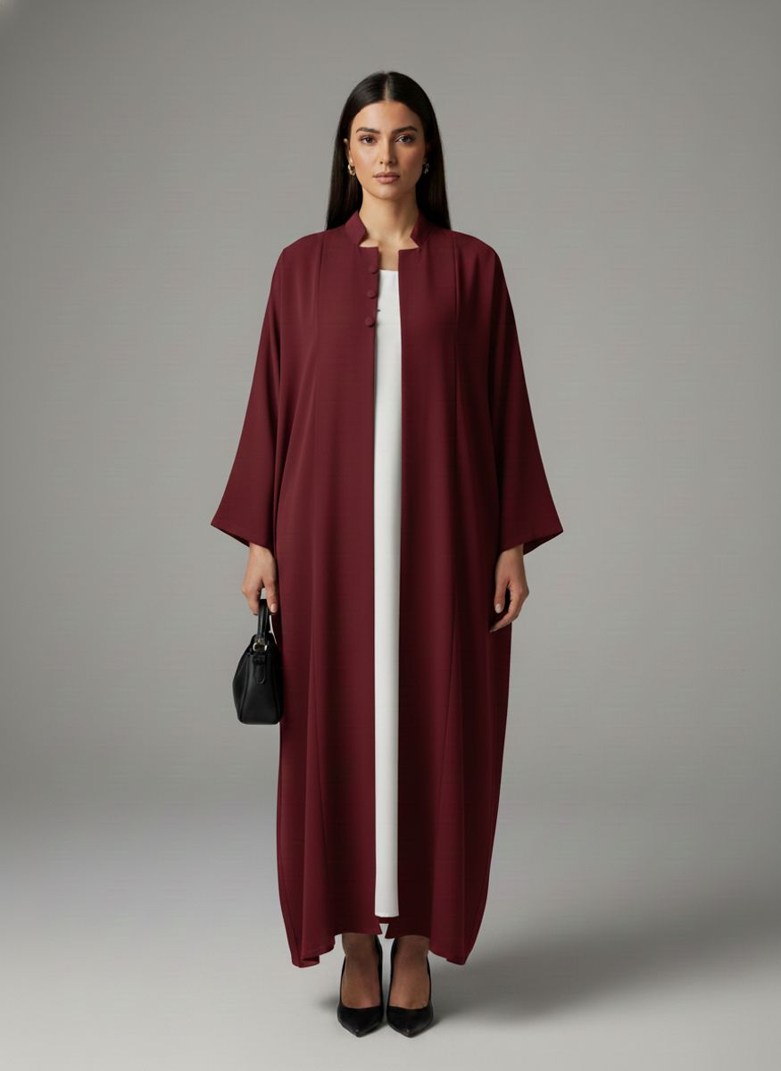 Signature Korean Nida Maroon Open Abaya Minimalist High-Neck Design Signature Korean Nida Maroon Open Abaya Minimalist High-Neck Design