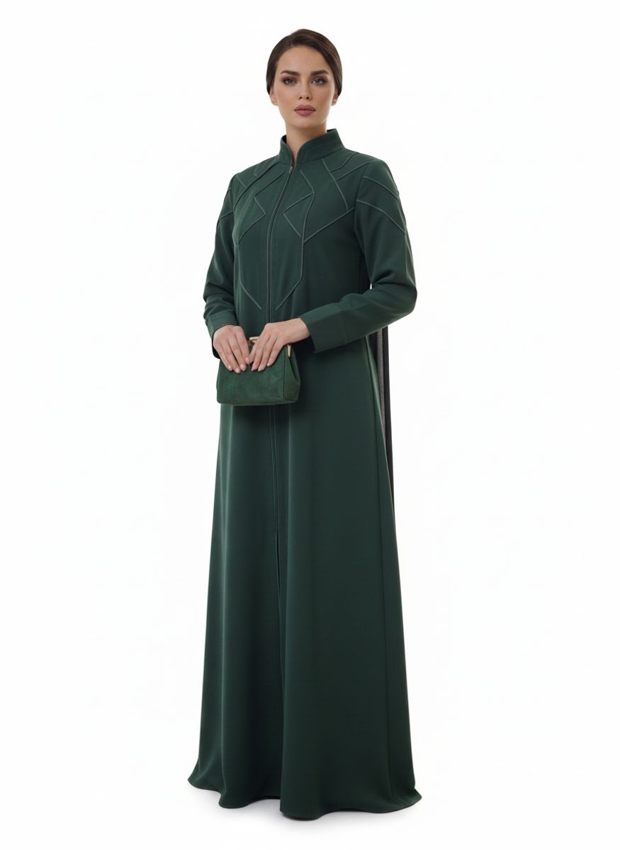 Geometric Panelled Design Green Abaya with Plain Chiffon Headscarf Msquare Fashion - Women's Abayas 1