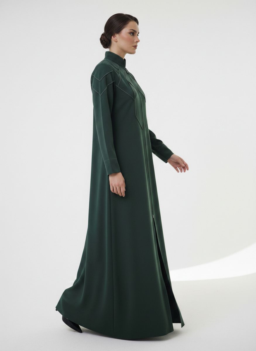 Geometric Panelled Design Green Abaya with Plain Chiffon Headscarf Msquare Fashion - Women's Abayas 2