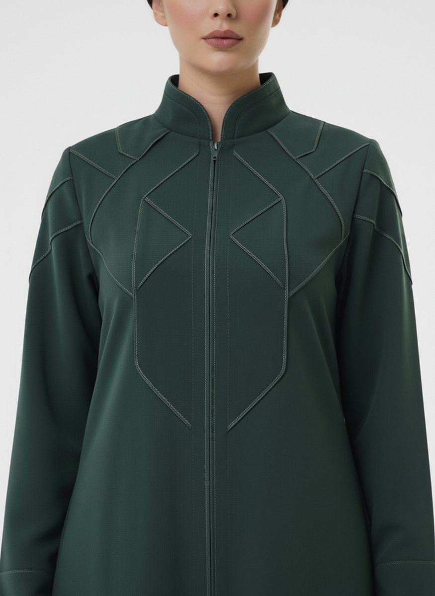 Geometric Panelled Design Green Abaya with Plain Chiffon Headscarf Msquare Fashion - Women's Abayas 3