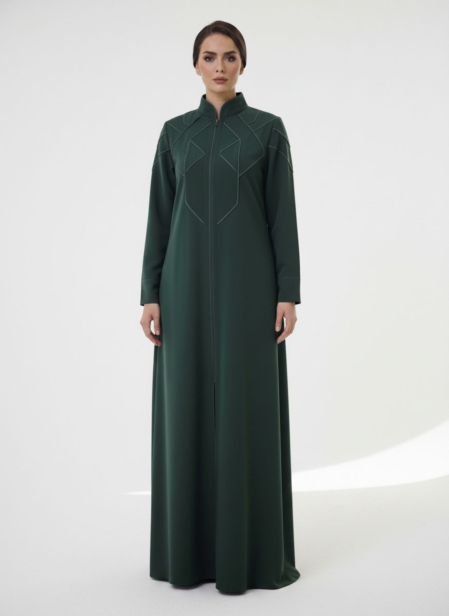 Geometric Panelled Design Green Abaya with Plain Chiffon Headscarf Msquare Fashion - Women's Abayas 9