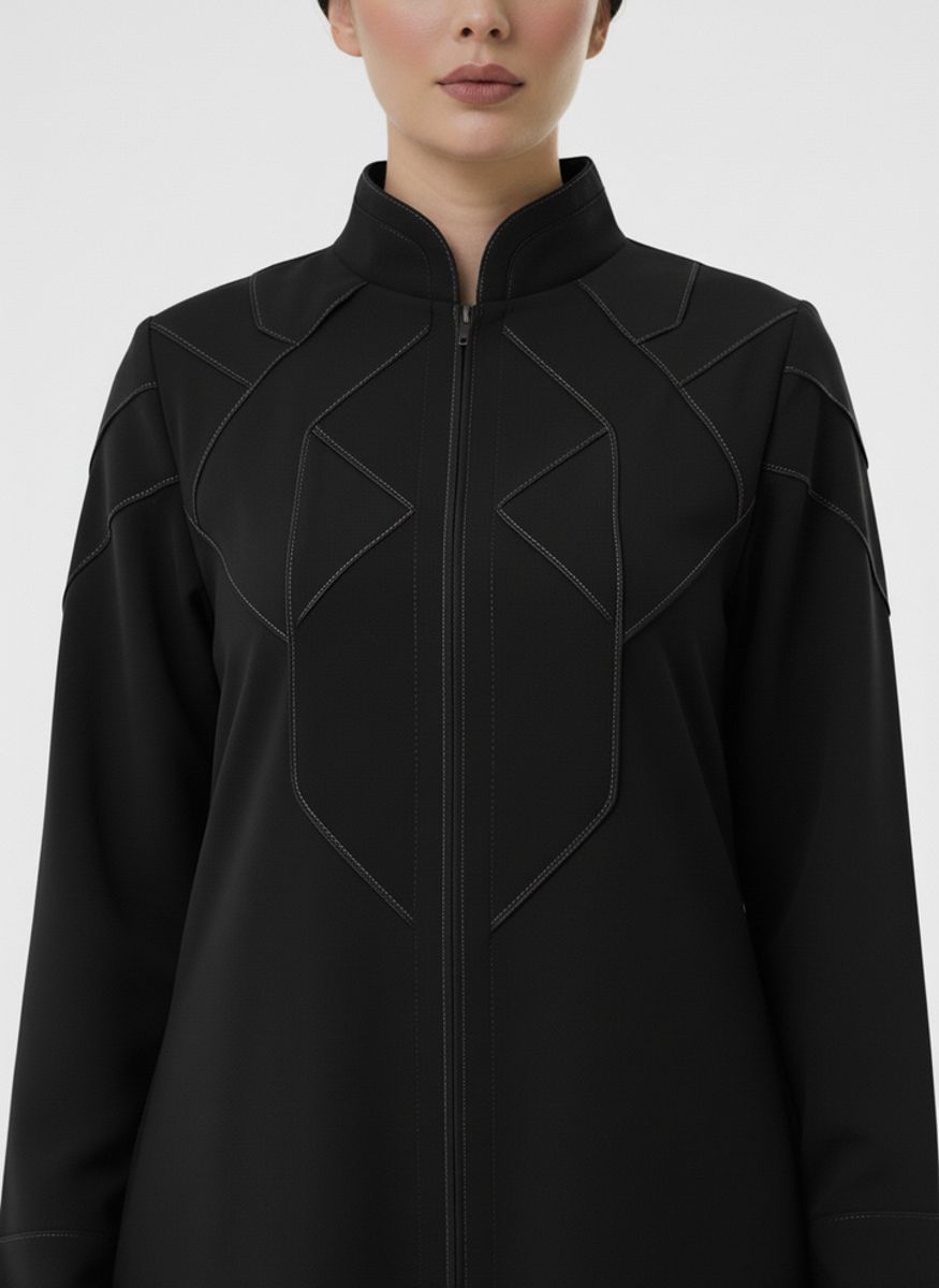 Geometric Panelled Design Black Abaya with Plain Chiffon Headscarf Msquare Fashion - Women's Abayas 1