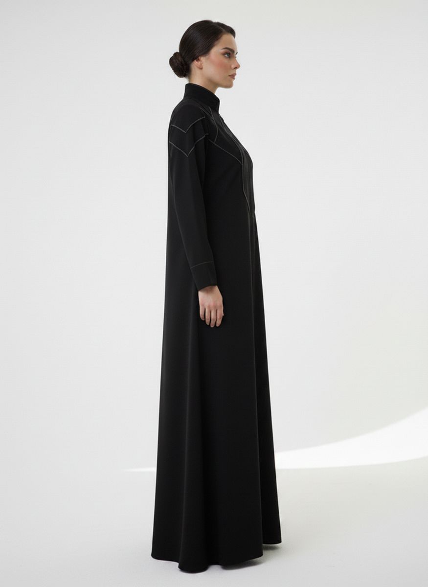 Geometric Panelled Design Black Abaya with Plain Chiffon Headscarf Msquare Fashion - Women's Abayas 2