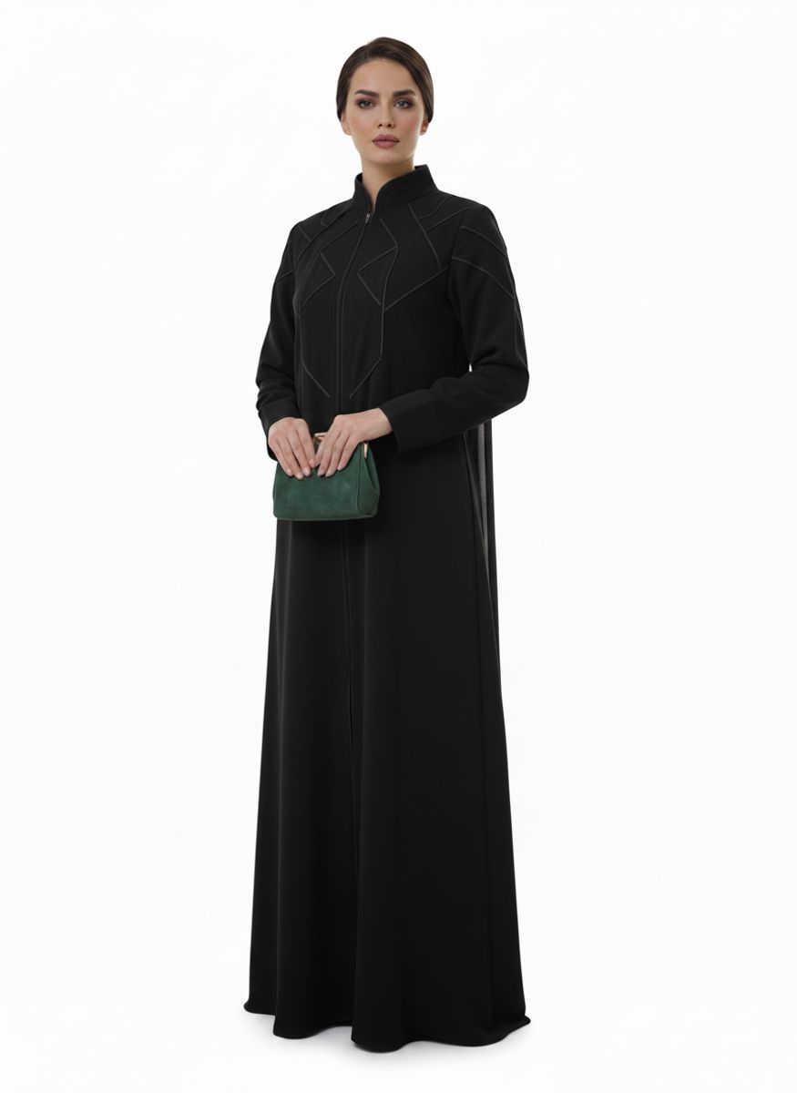 Geometric Panelled Design Black Abaya with Plain Chiffon Headscarf Msquare Fashion - Women's Abayas 3