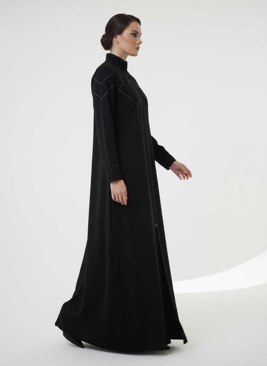 Geometric Panelled Design Black Abaya with Plain Chiffon Headscarf Msquare Fashion - Women's Abayas 4