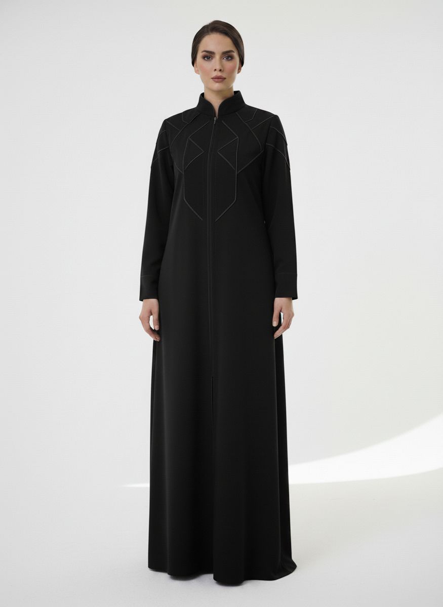 Geometric Panelled Design Black Abaya with Plain Chiffon Headscarf Msquare Fashion - Women's Abayas 10