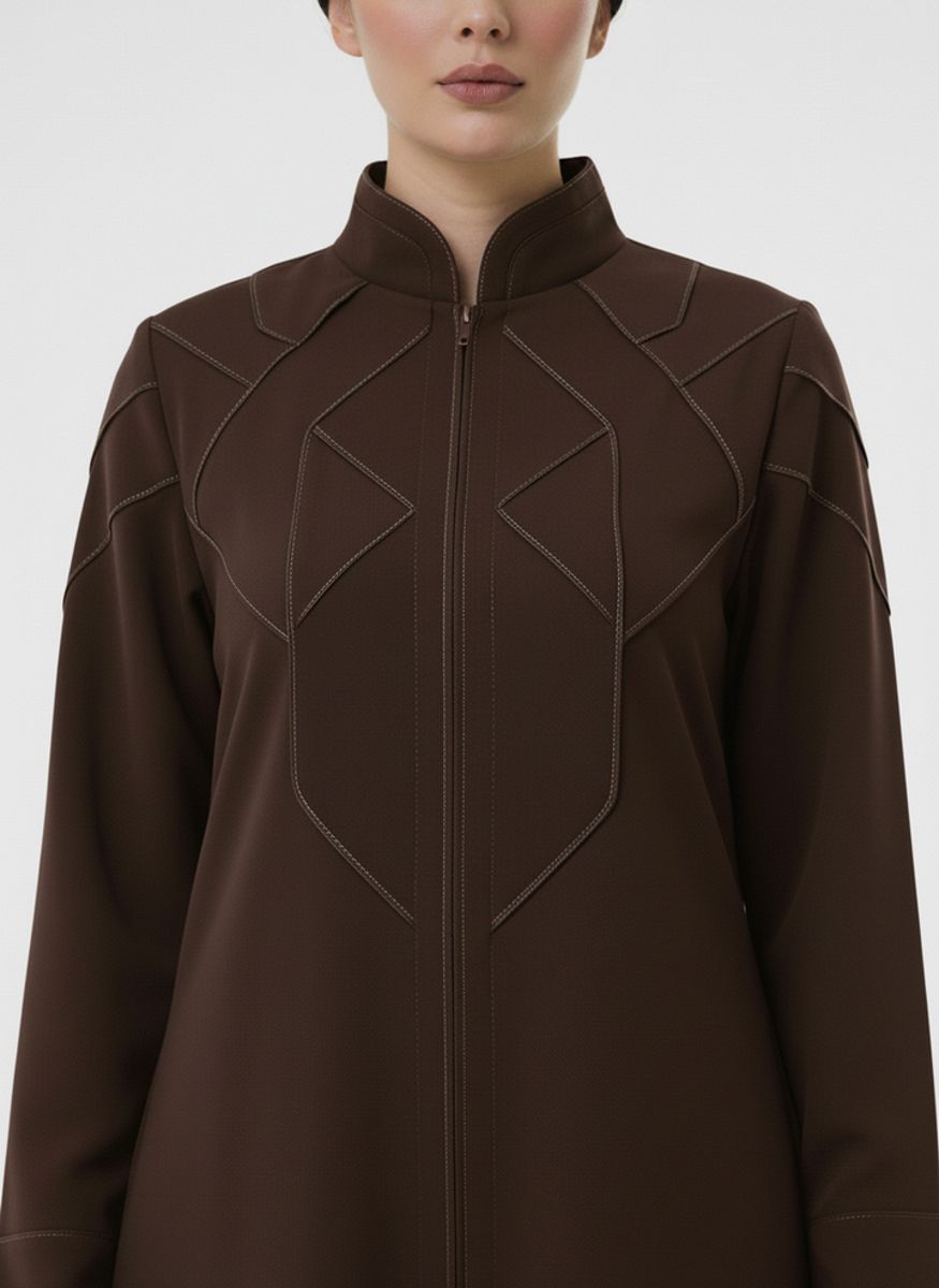 Geometric Panelled Design Brown Abaya with Plain Chiffon Headscarf Msquare Fashion - Women's Abayas 1
