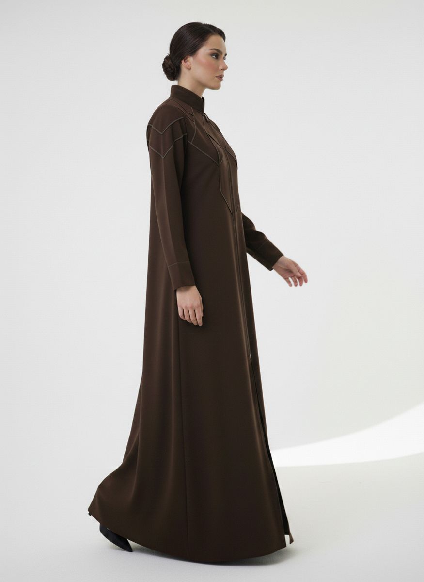 Geometric Panelled Design Brown Abaya with Plain Chiffon Headscarf Msquare Fashion - Women's Abayas 2