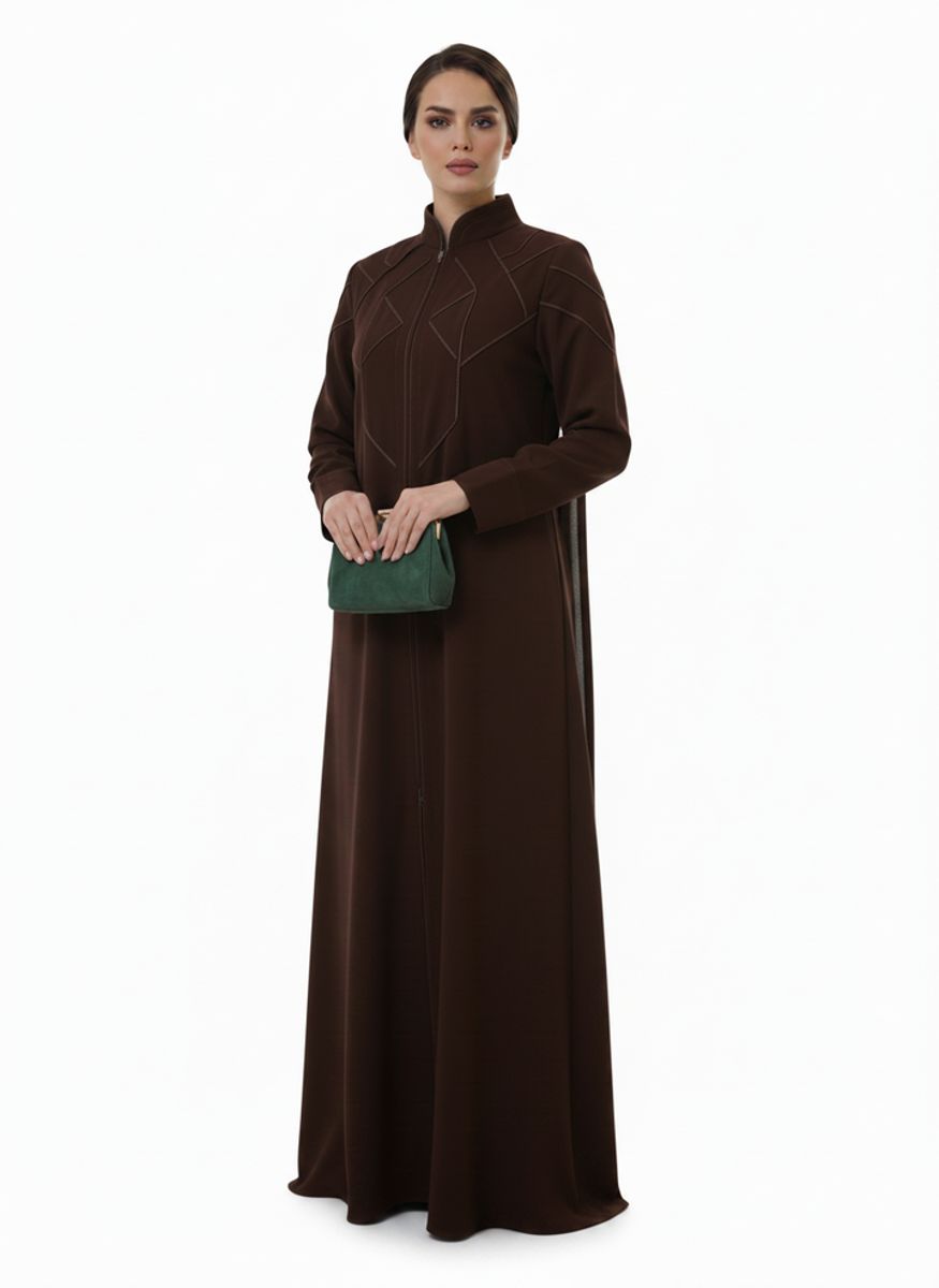 Geometric Panelled Design Brown Abaya with Plain Chiffon Headscarf Msquare Fashion - Women's Abayas 4