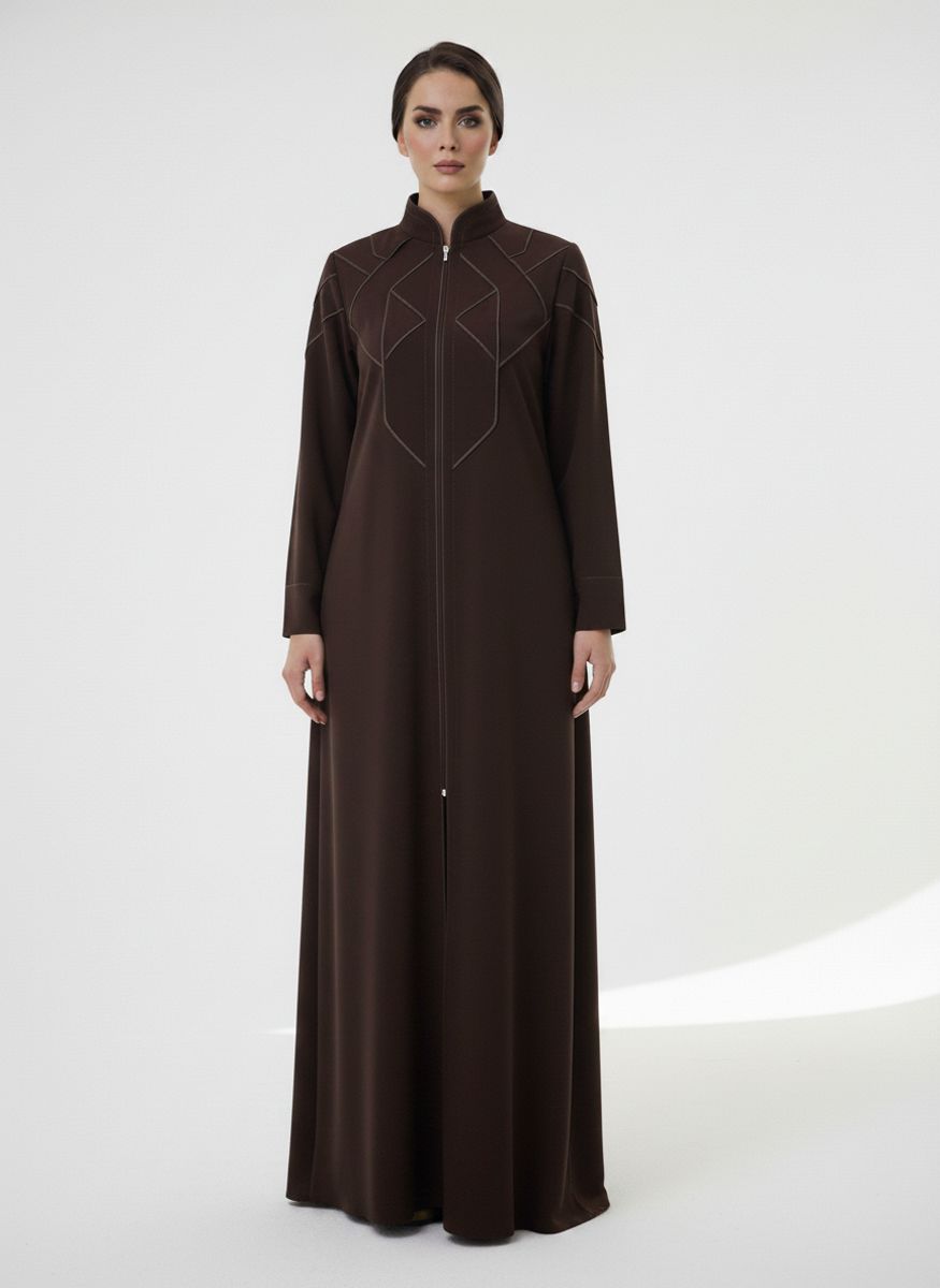 Geometric Panelled Design Brown Abaya with Plain Chiffon Headscarf Msquare Fashion - Women's Abayas 10