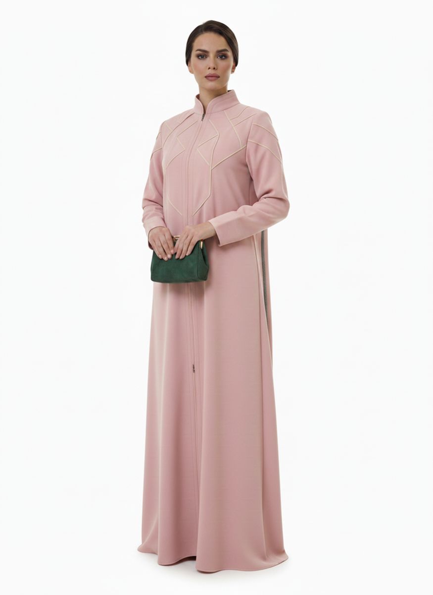 Geometric Panelled Design Pink Abaya with Plain Chiffon Headscarf Msquare Fashion - Women's Abayas 2