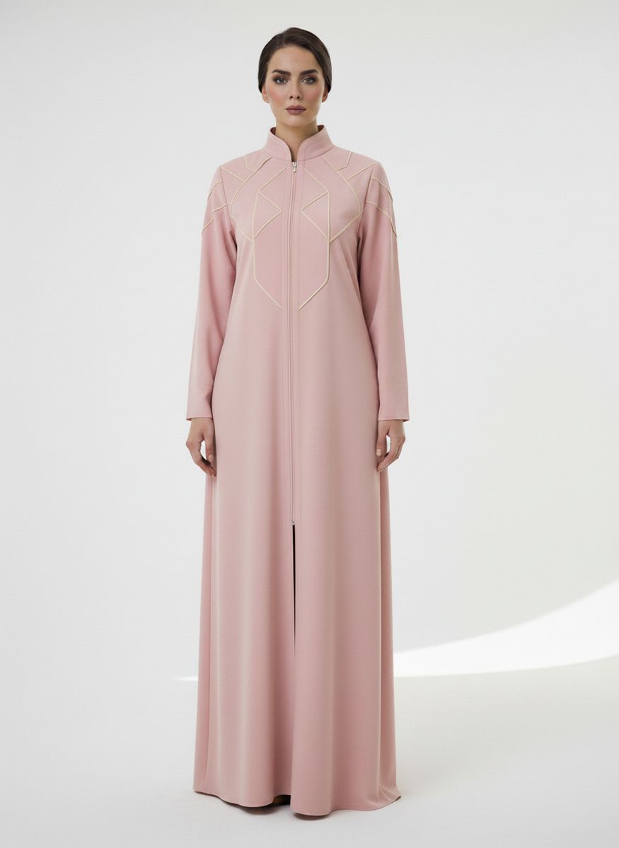 Geometric Panelled Design Pink Abaya with Plain Chiffon Headscarf Msquare Fashion - Women's Abayas 10