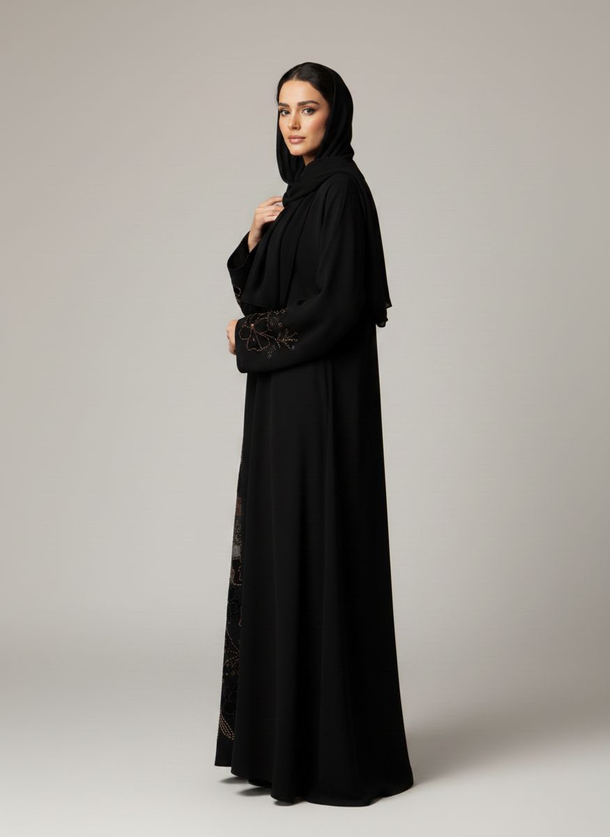 Premium Black Korean Nida Abaya - Elegant Handwork & Lace Floral Embroidery with Chiffon Headscarf Msquare Fashion - Women's Abayas 1
