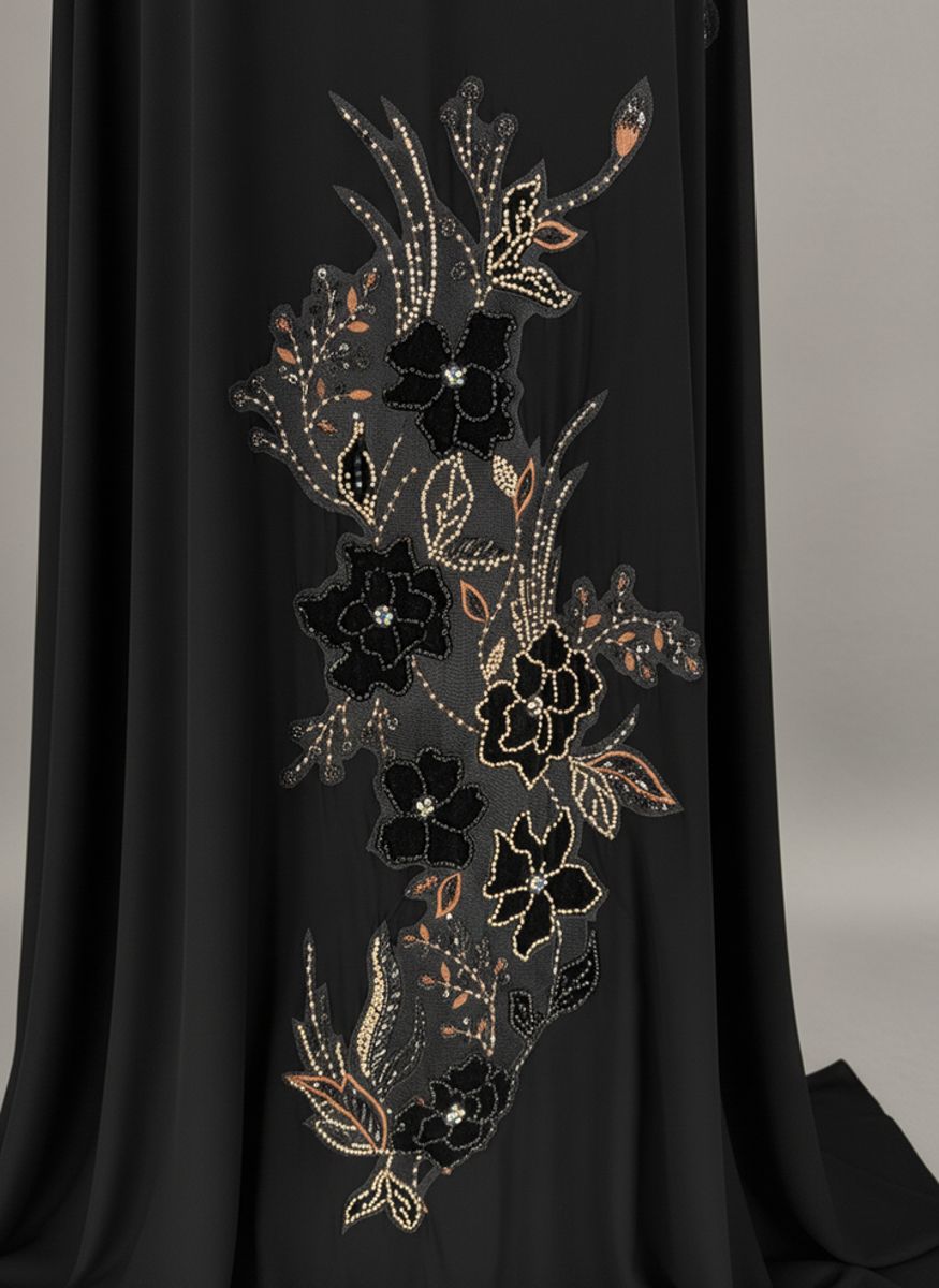 Premium Black Korean Nida Abaya - Elegant Handwork & Lace Floral Embroidery with Chiffon Headscarf Msquare Fashion - Women's Abayas 2