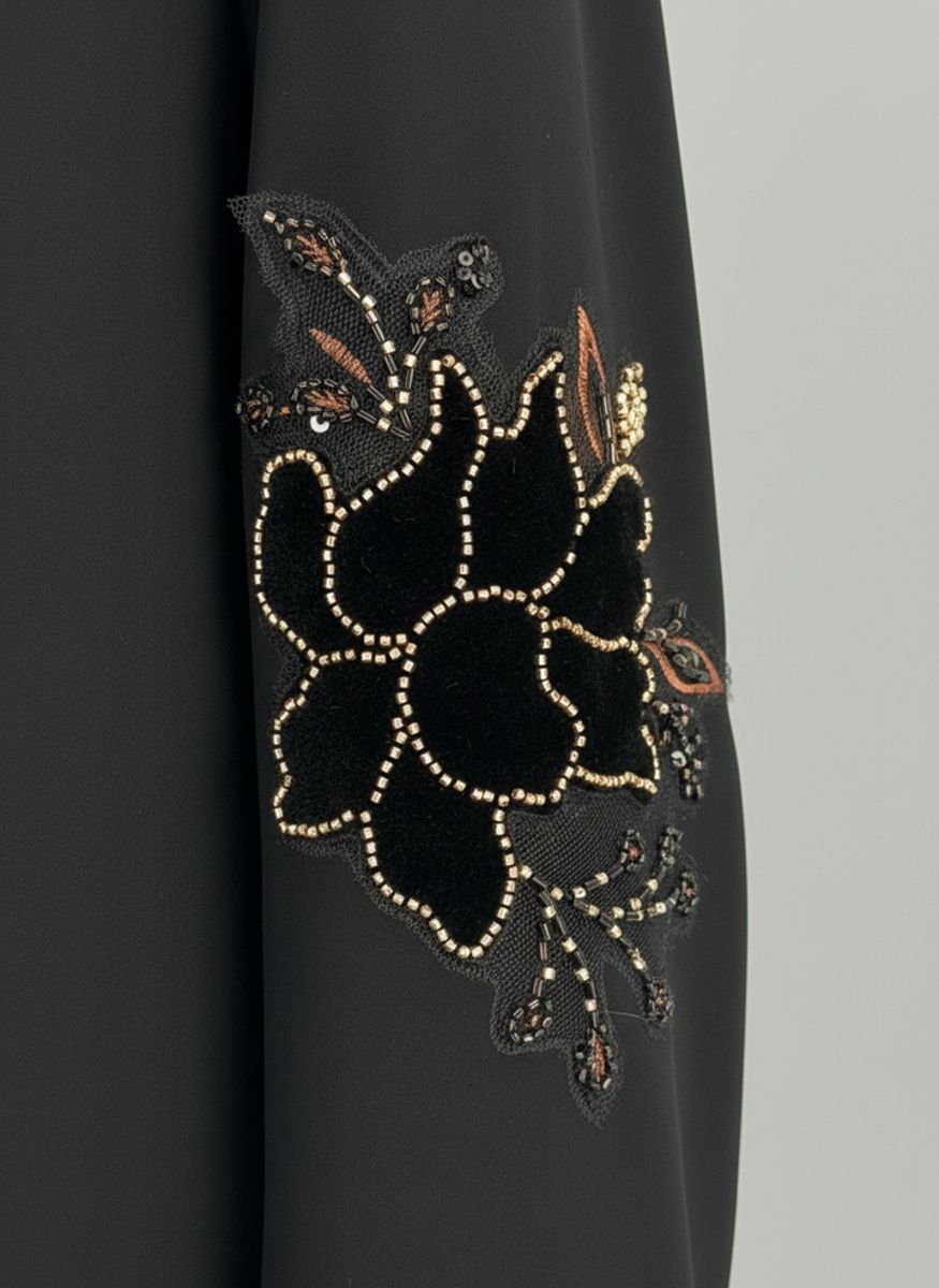 Premium Black Korean Nida Abaya - Elegant Handwork & Lace Floral Embroidery with Chiffon Headscarf Msquare Fashion - Women's Abayas 3