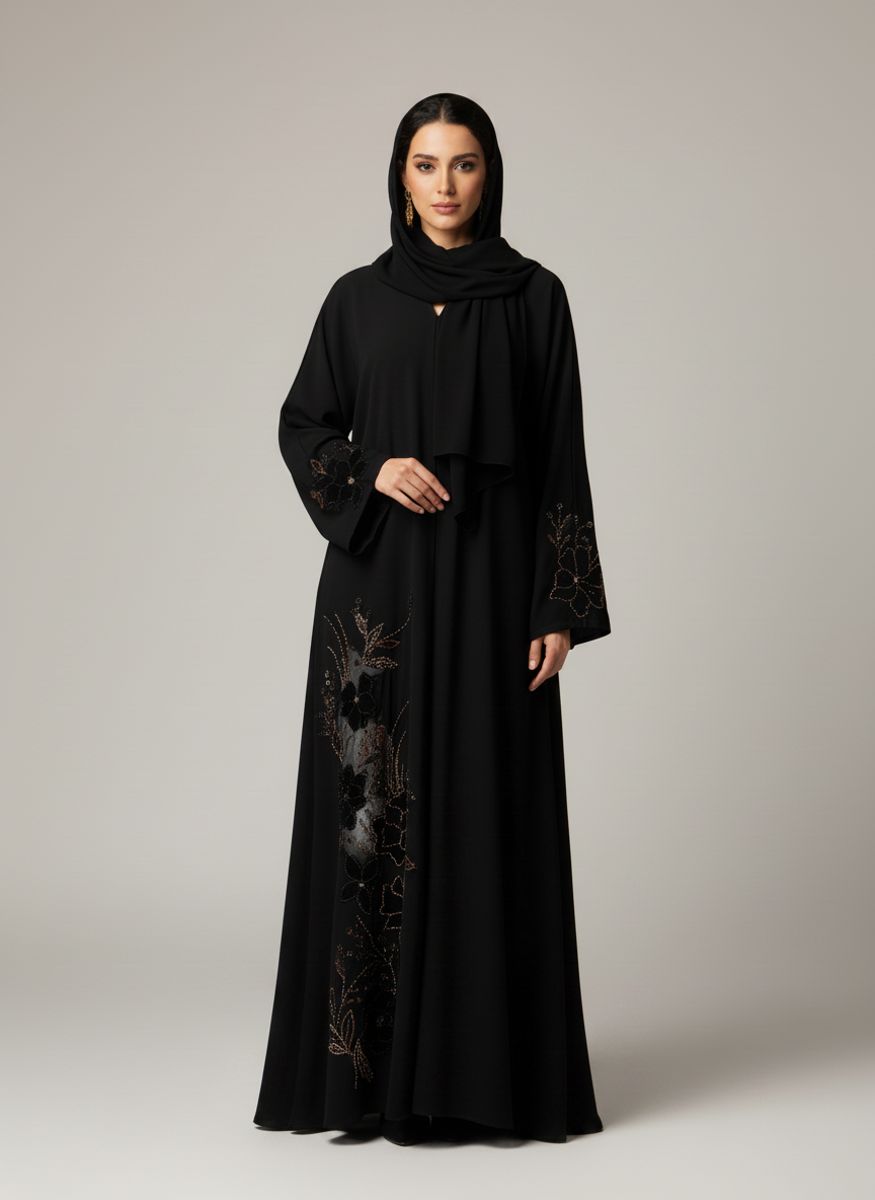 Premium Black Korean Nida Abaya - Elegant Handwork & Lace Floral Embroidery with Chiffon Headscarf Msquare Fashion - Women's Abayas 10