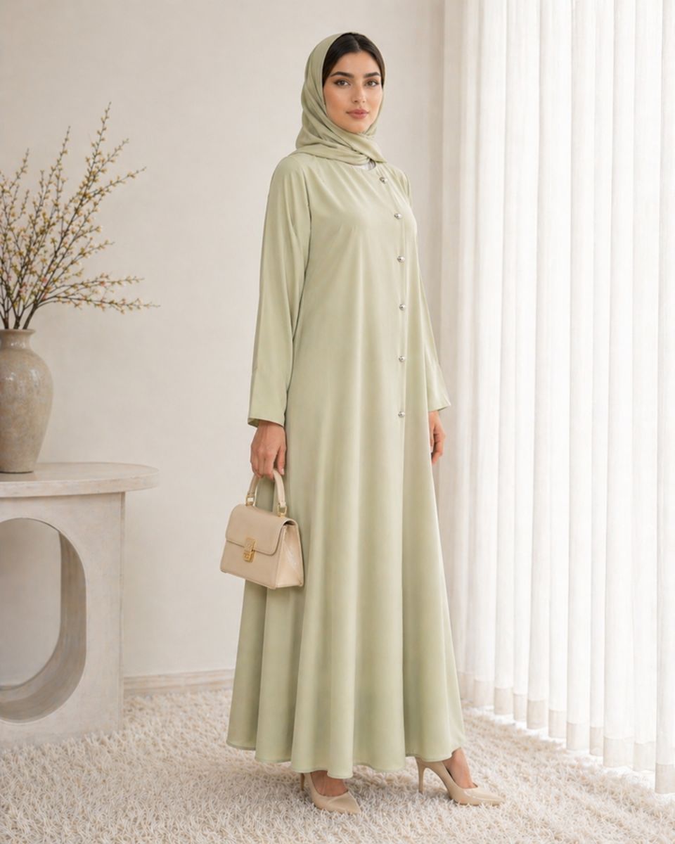 Sage Mist Korean Nida Abaya - Asymmetrical Button Design with Matching Chiffon Headscarf Msquare Fashion - Women's Abayas 1