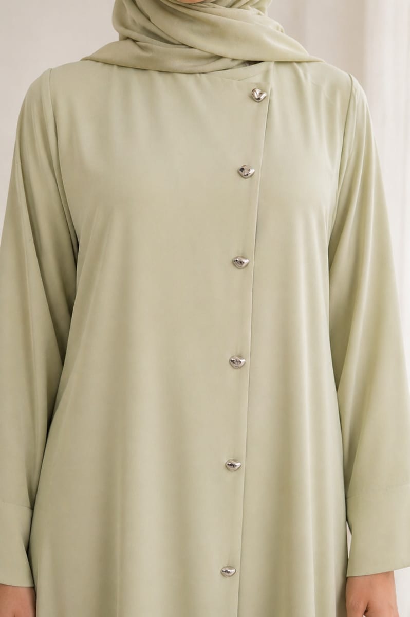 Sage Mist Korean Nida Abaya - Asymmetrical Button Design with Matching Chiffon Headscarf Msquare Fashion - Women's Abayas 2