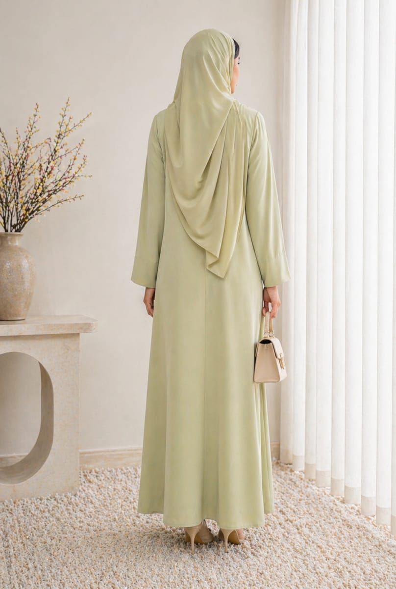 Sage Mist Korean Nida Abaya - Asymmetrical Button Design with Matching Chiffon Headscarf Msquare Fashion - Women's Abayas 3