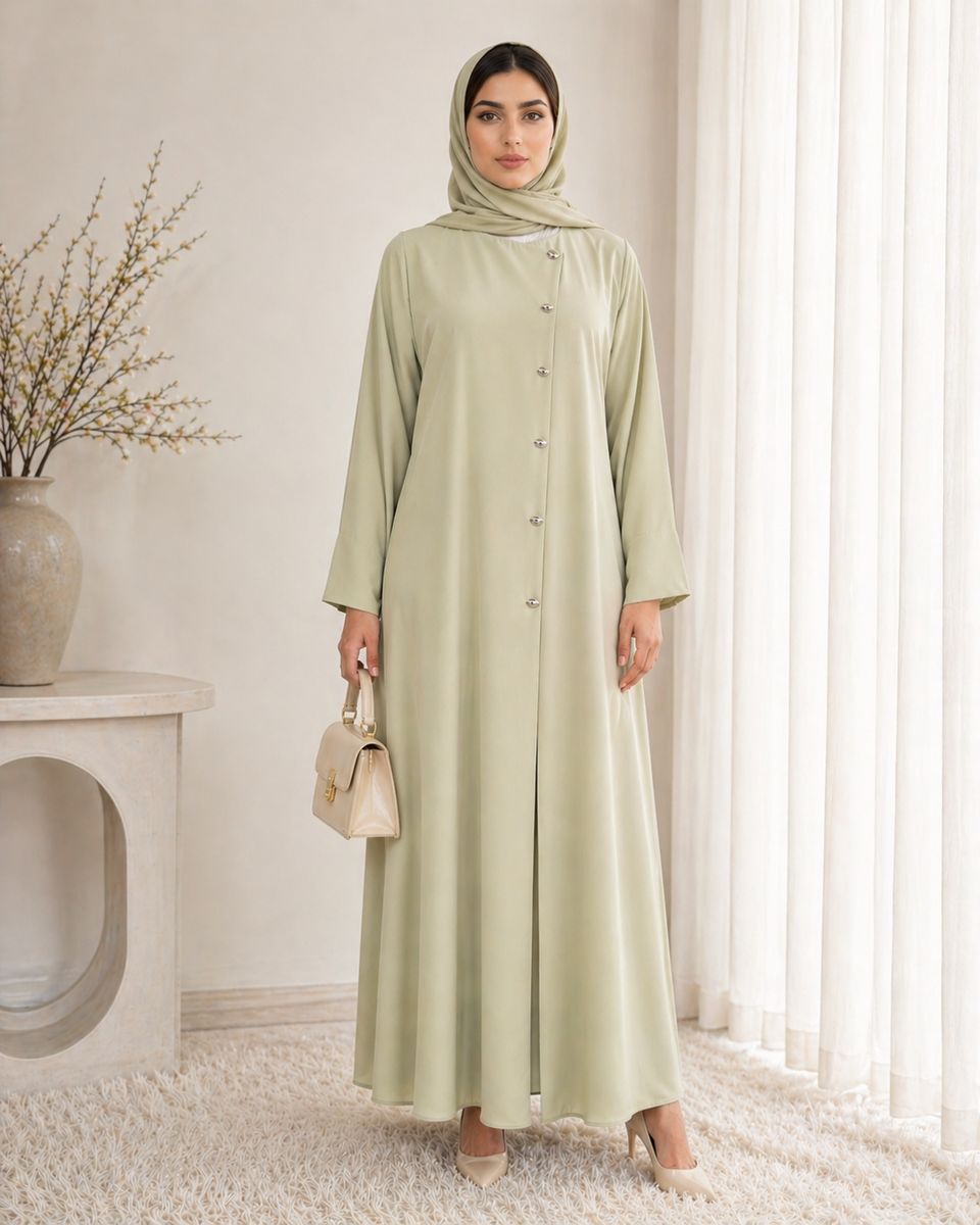 Sage Mist Korean Nida Abaya - Asymmetrical Button Design with Matching Chiffon Headscarf Msquare Fashion - Women's Abayas 9