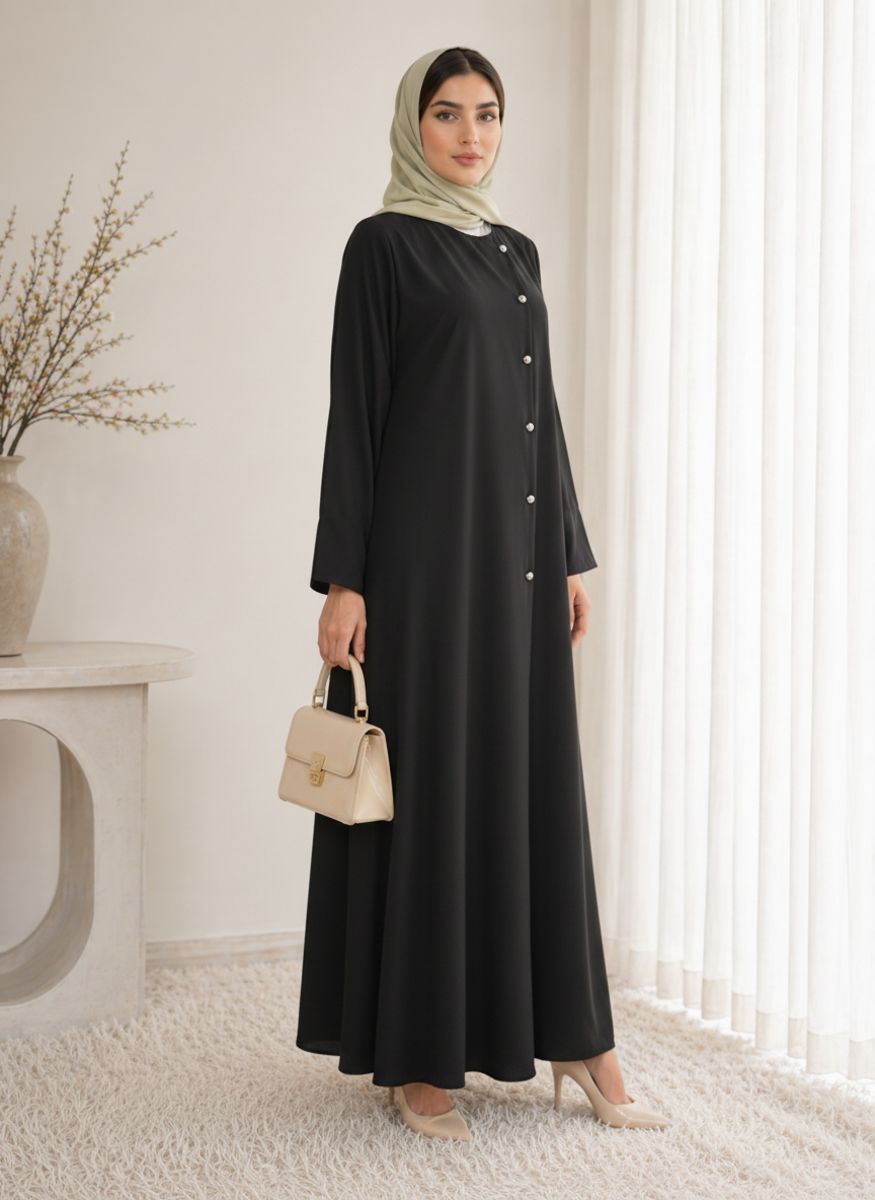 Black Korean Nida Abaya - Asymmetrical Button Design with Matching Chiffon Headscarf Msquare Fashion - Women's Abayas 1