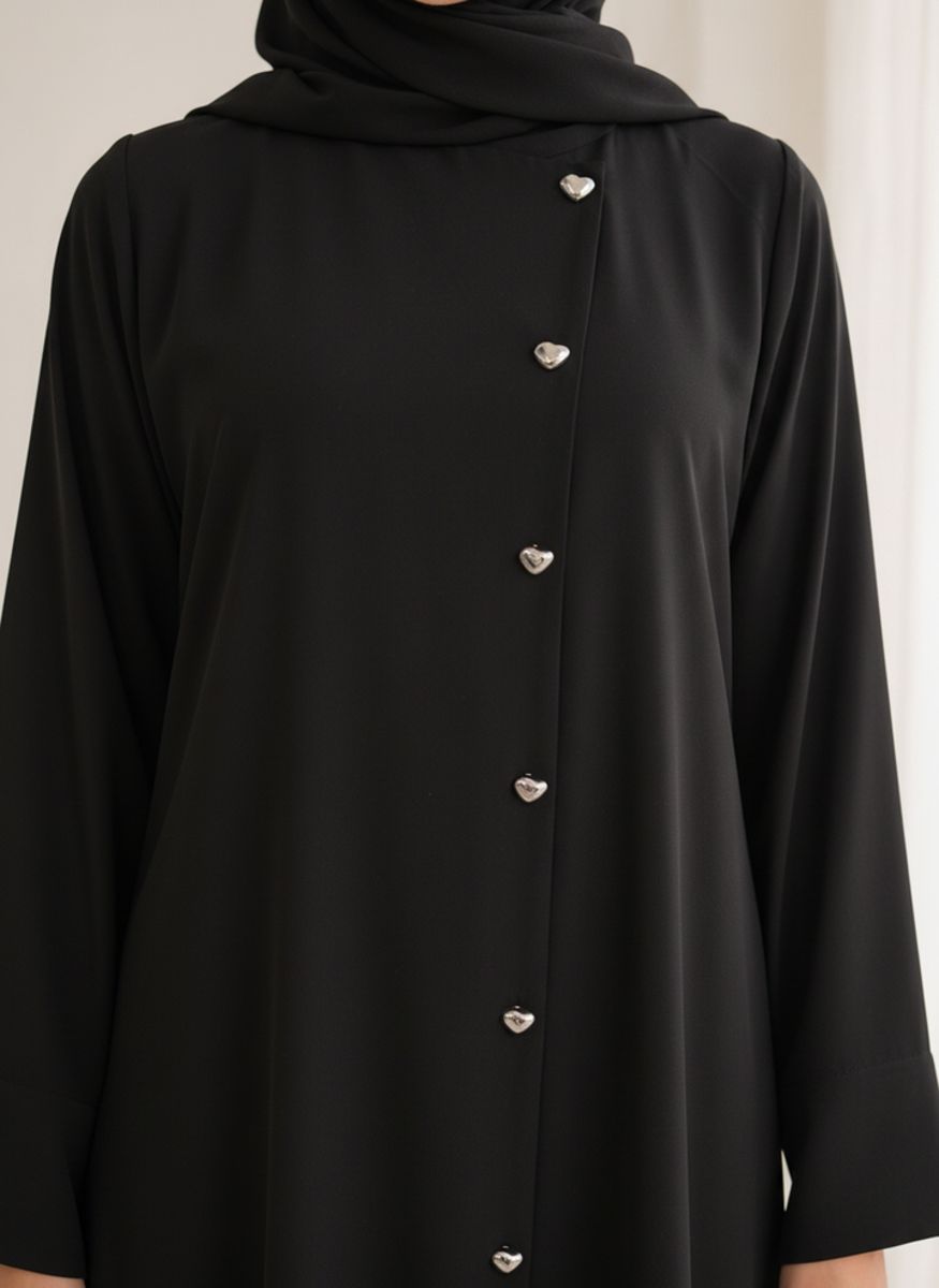 Black Korean Nida Abaya - Asymmetrical Button Design with Matching Chiffon Headscarf Msquare Fashion - Women's Abayas 2