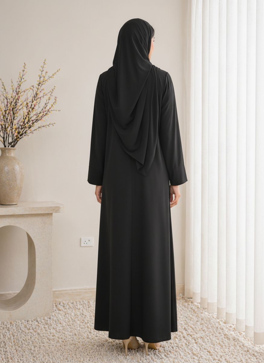 Black Korean Nida Abaya - Asymmetrical Button Design with Matching Chiffon Headscarf Msquare Fashion - Women's Abayas 3