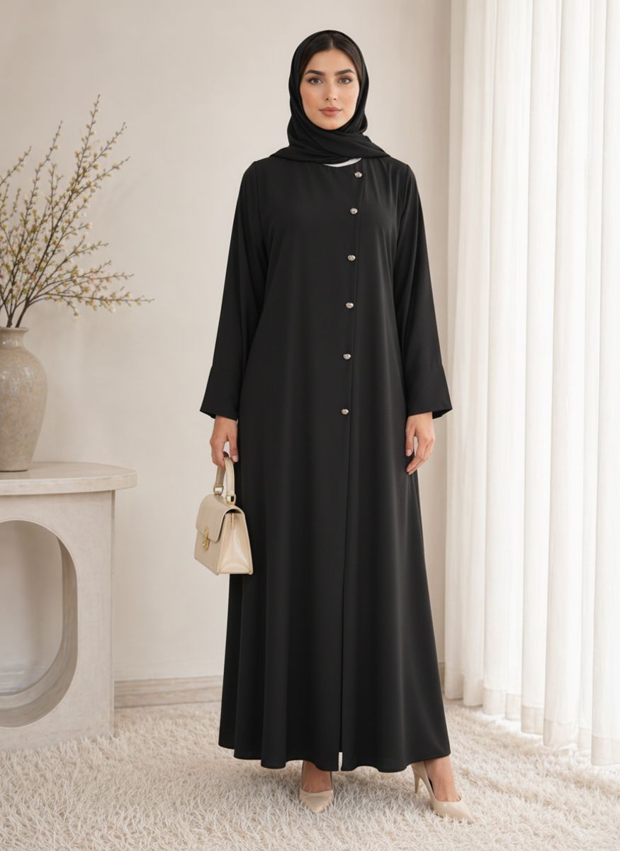 Black Korean Nida Abaya - Asymmetrical Button Design with Matching Chiffon Headscarf Msquare Fashion - Women's Abayas 9