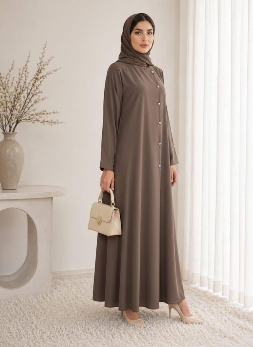 Brown Korean Nida Abaya - Asymmetrical Button Design with Matching Chiffon Headscarf Msquare Fashion - Women's Abayas 1