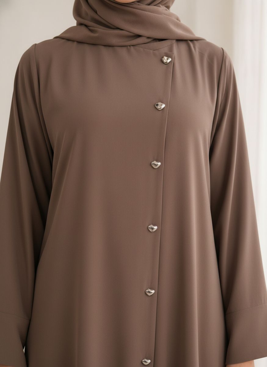 Brown Korean Nida Abaya - Asymmetrical Button Design with Matching Chiffon Headscarf Msquare Fashion - Women's Abayas 2